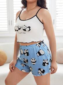 Plus Panda & Slogan Graphic Lettuce Trim Cami Top & Shorts PJ Set - Multicolor - View 3