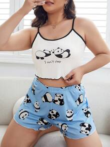 Plus Panda & Slogan Graphic Lettuce Trim Cami Top & Shorts PJ Set - Multicolor - View 4