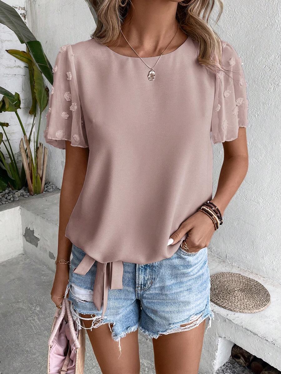 SHEIN LUNE Blusa de lunares bajo con nudo - Rosa - Ver 1