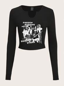 SHEIN EZwear Figure & Letter Graphic Notched Neckline Crop Tee - Black - View 1