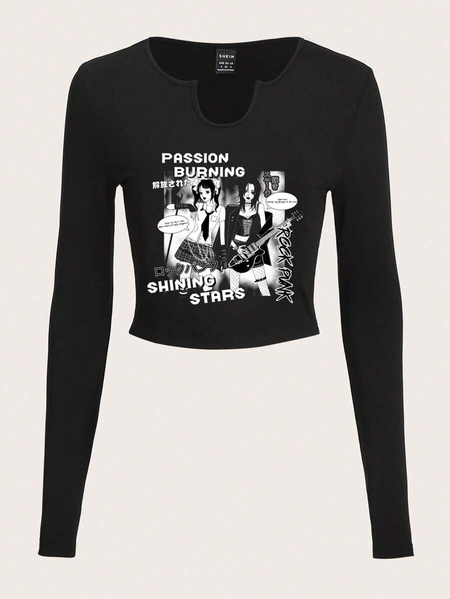 SHEIN EZwear Figure & Letter Graphic Notched Neckline Crop Tee - Black - View 1