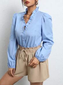 SHEIN Frenchy Frill Trim Button Front Puff Sleeve Blouse - Baby Blue - View 4