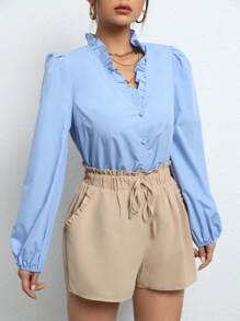 SHEIN Frenchy Frill Trim Button Front Puff Sleeve Blouse - Baby Blue - View 6