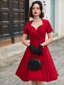 MUXXN Vestido escote corazón fruncido - Burdeos - Ver 4