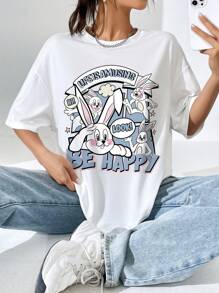 SHEIN EZwear Casual Cute Easter Bunny Print Oversized White Round Neck Short Sleeve T-Shirt For Women, Summer - White - View 6