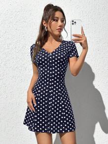 SHEIN EZwear 波卡圓點前紐扣連衣裙 - 藏蓝色 - 查看 1