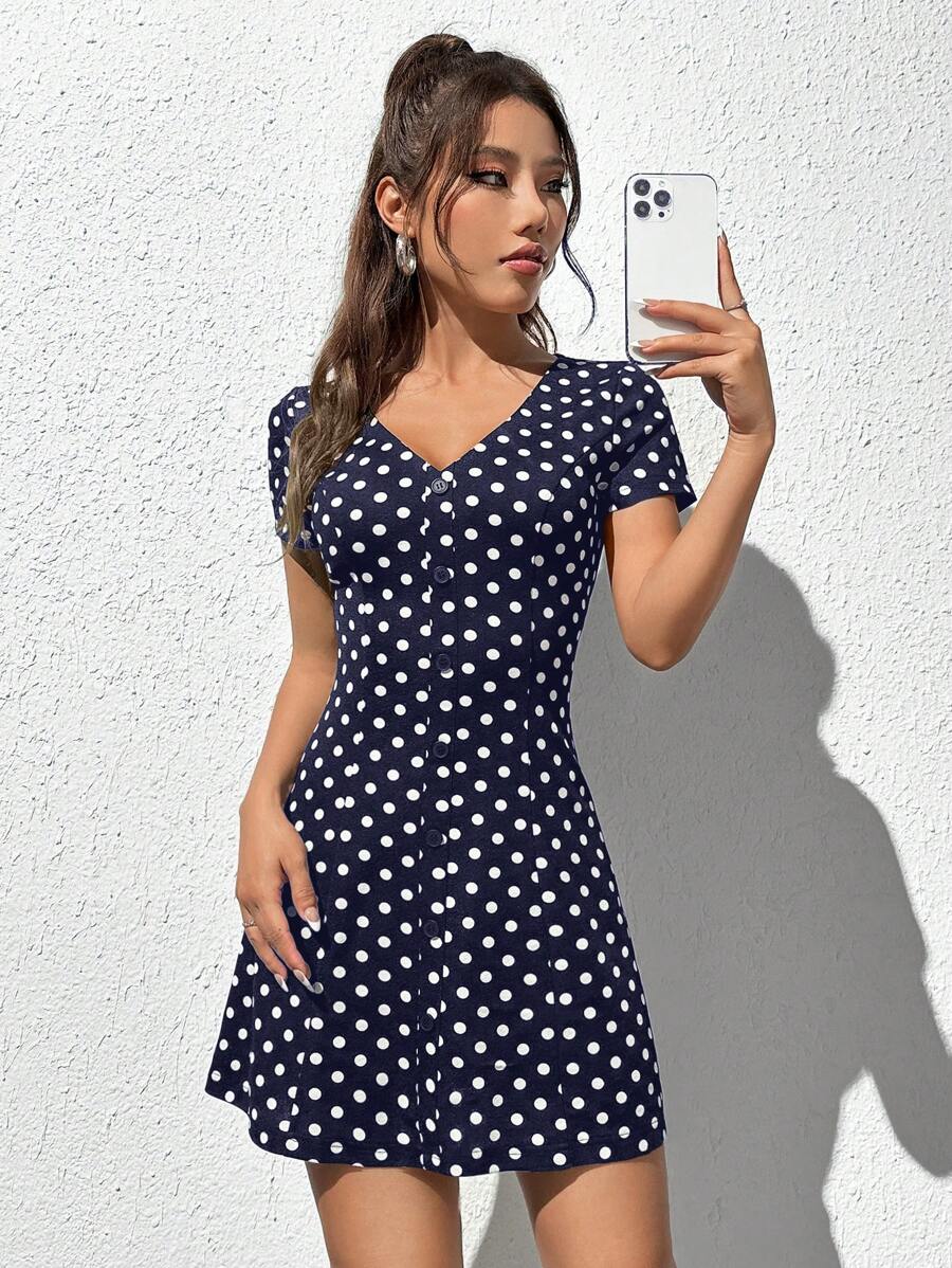 SHEIN EZwear 波卡圓點前紐扣連衣裙 - 藏蓝色 - 查看 1