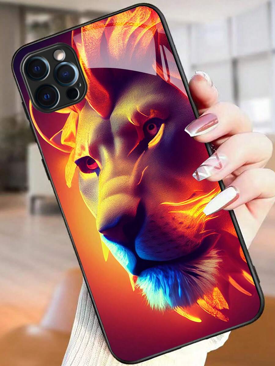 Ốp điện thoại kính cường lực họa tiết sư tử - Màu xanh lam - Xem 1