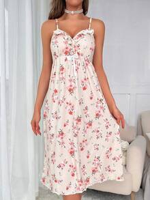 Floral Print Ruffle Trim Cami Nightdress - Multicolor - View 3