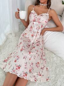 Floral Print Ruffle Trim Cami Nightdress - Multicolor - View 6
