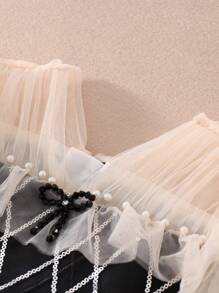 Tween Girl Argyle Print Pearls Detail Ruffle Trim Mesh Overlay Dress