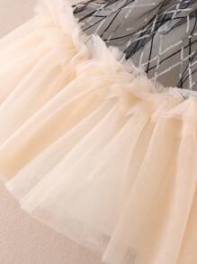 Tween Girl Argyle Print Pearls Detail Ruffle Trim Mesh Overlay Dress