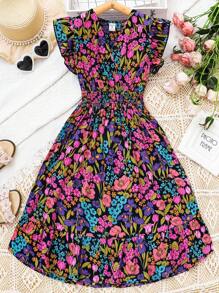 SHEIN Cô gái Tween Vải in hoa Nếp uốn Xù Hoa Sen Đầm - Nhiều màu - Xem 1