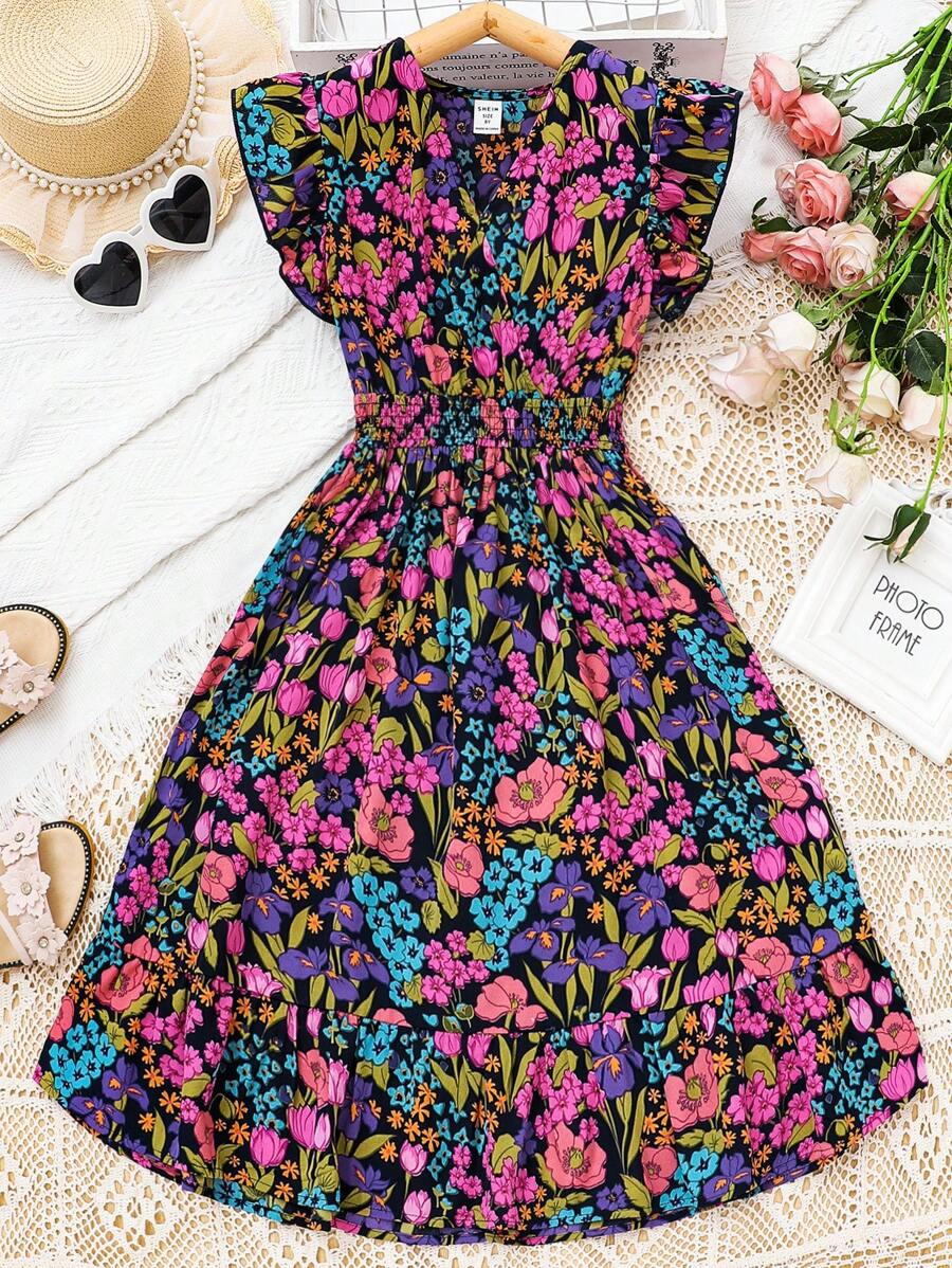 SHEIN Cô gái Tween Vải in hoa Nếp uốn Xù Hoa Sen Đầm - Nhiều màu - Xem 1