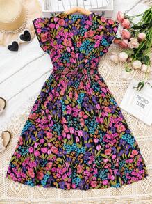 SHEIN Cô gái Tween Vải in hoa Nếp uốn Xù Hoa Sen Đầm - Nhiều màu - Xem 2