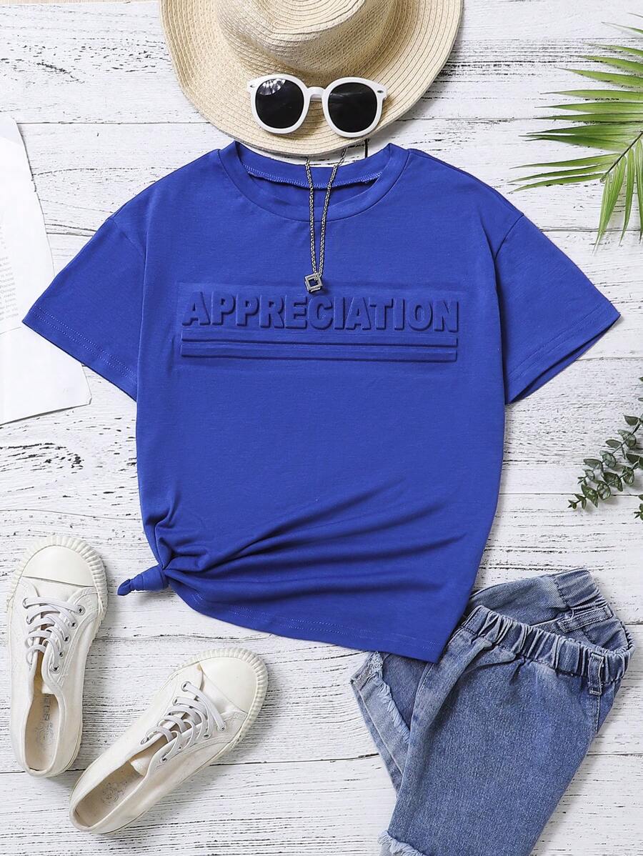 SHEIN Chicas Camiseta en relieve de letra - Azul - Ver 1