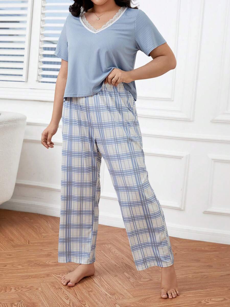 Plus Plaid Print Lace Trim PJ Set - Blue and White - View 1