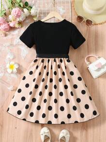 Tween Girl Polka Dot Print Ruffle Trim Belted Dress