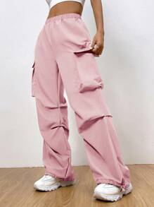 SHEIN EZwear 側翻蓋口袋工裝褲 - 藕粉色 - 查看 1