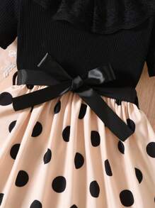Tween Girl Polka Dot Print Ruffle Trim Belted Dress