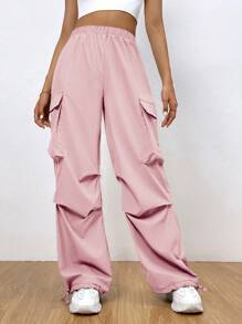 SHEIN EZwear 側翻蓋口袋工裝褲 - 藕粉色 - 查看 4