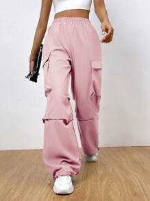 SHEIN EZwear 側翻蓋口袋工裝褲 - 藕粉色 - 查看 5