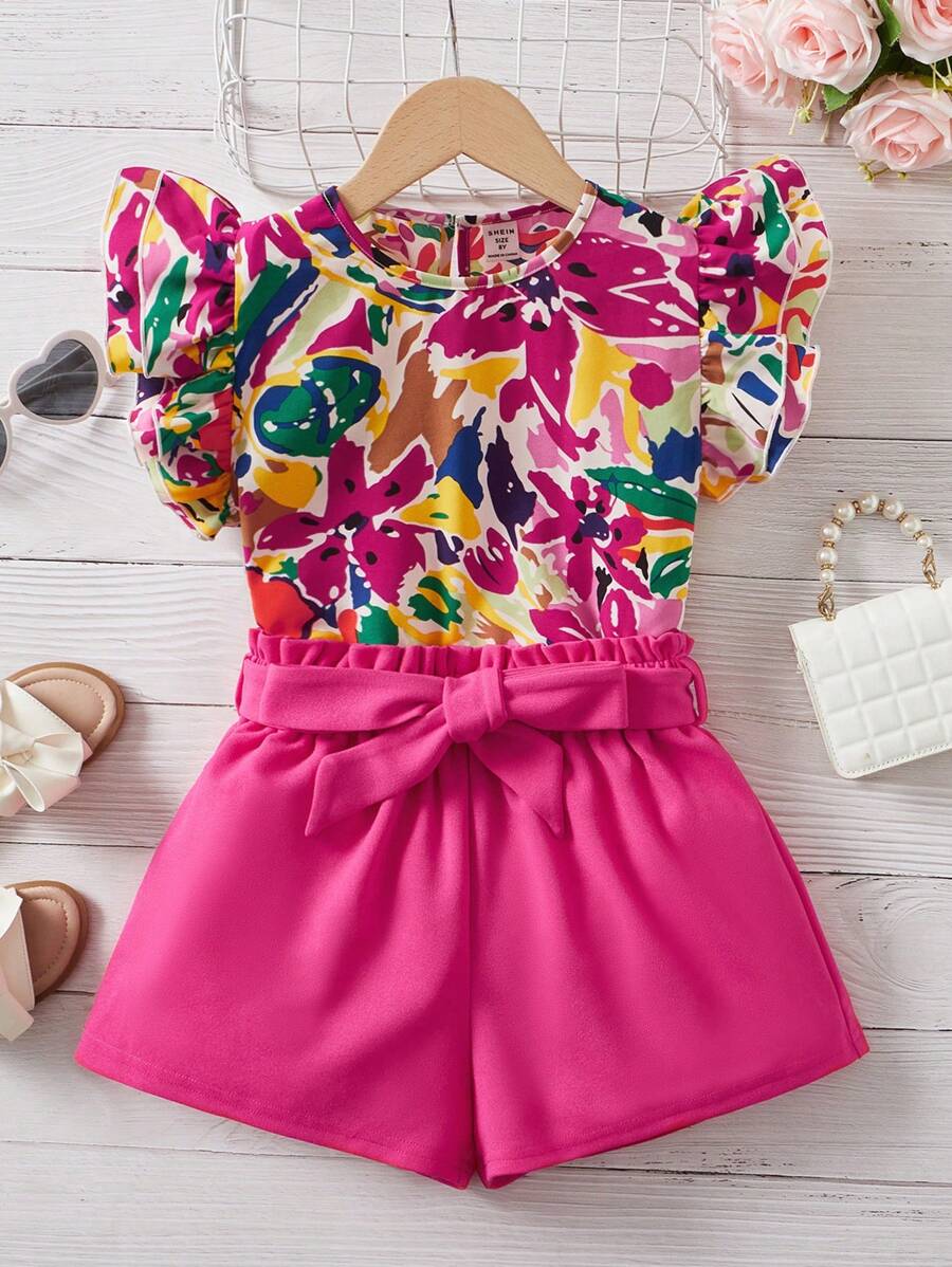 SHEIN Leap Crew 初中女生花印荷葉邊上衣＆紙袋腰帶短褲 - 彩色 - 查看 1