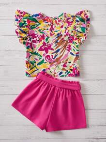 SHEIN Leap Crew 初中女生花印荷葉邊上衣＆紙袋腰帶短褲 - 彩色 - 查看 2