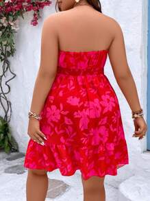 Flirla Dress Ukuran Plus Frill Shirred Tombol Depan Bunga All Over Print Boho - Merah - View 3