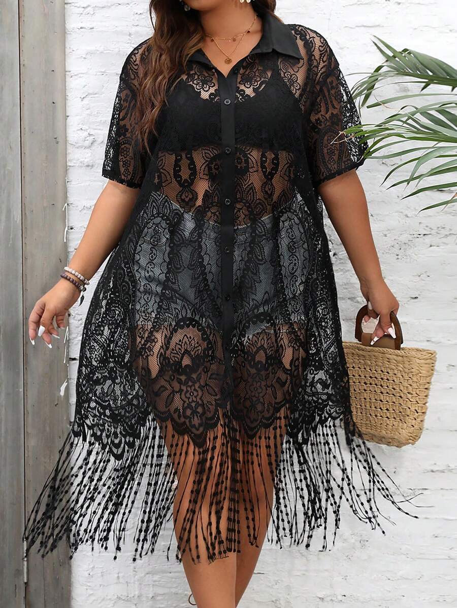 SHEIN Holidaya Plus Fringe Hem Lace Shirt Without Bra - Black - View 1