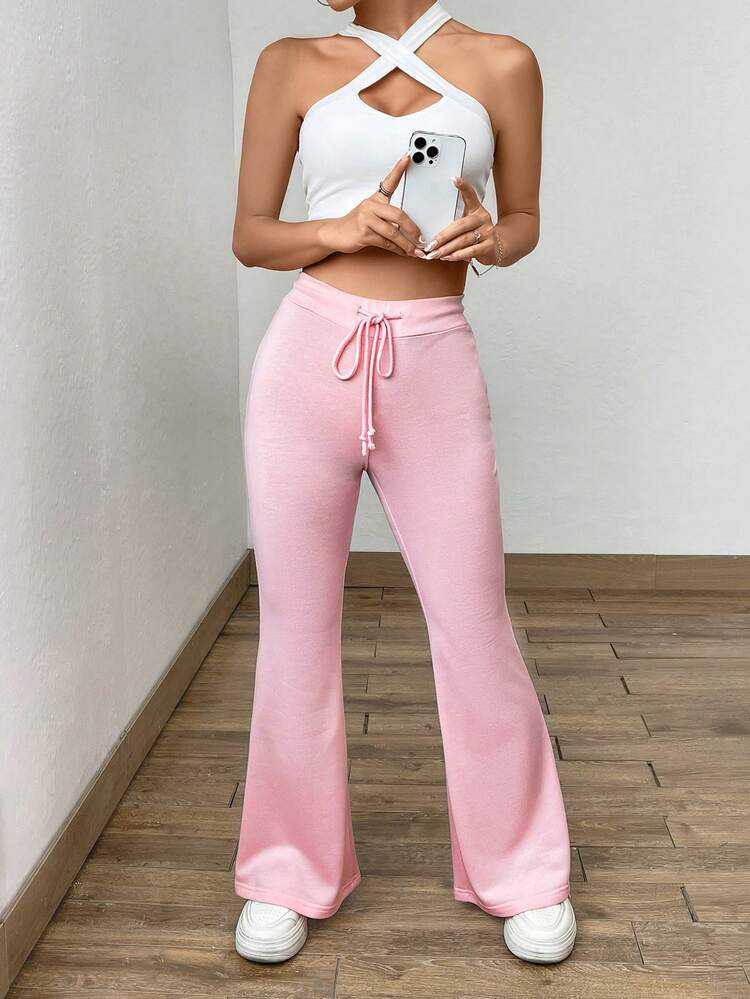 Drawstring Waist Flare Leg Sweatpants Graduation,Back To School Outfits,Graduation,Teacher Outfits For Women,Back To School