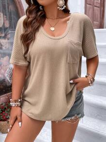 SHEIN LUNE Plus Patched Pocket Waffle Knit Tee - Khaki - View 1