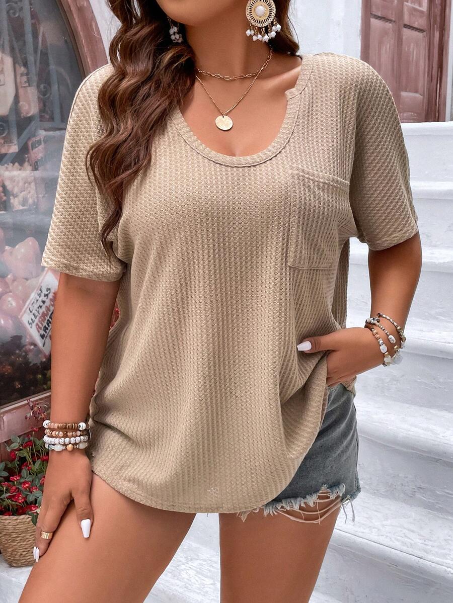 SHEIN LUNE Plus Patched Pocket Waffle Knit Tee - Khaki - View 1