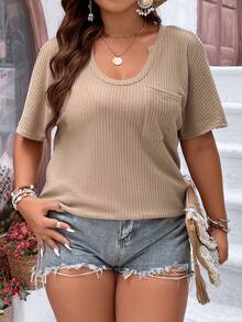 SHEIN LUNE Plus Patched Pocket Waffle Knit Tee - Khaki - View 6