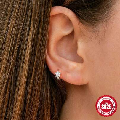 925銀材質方形鋯石耳環一對，星星花朵造型鋯石耳環適合女性日常佩戴裝飾