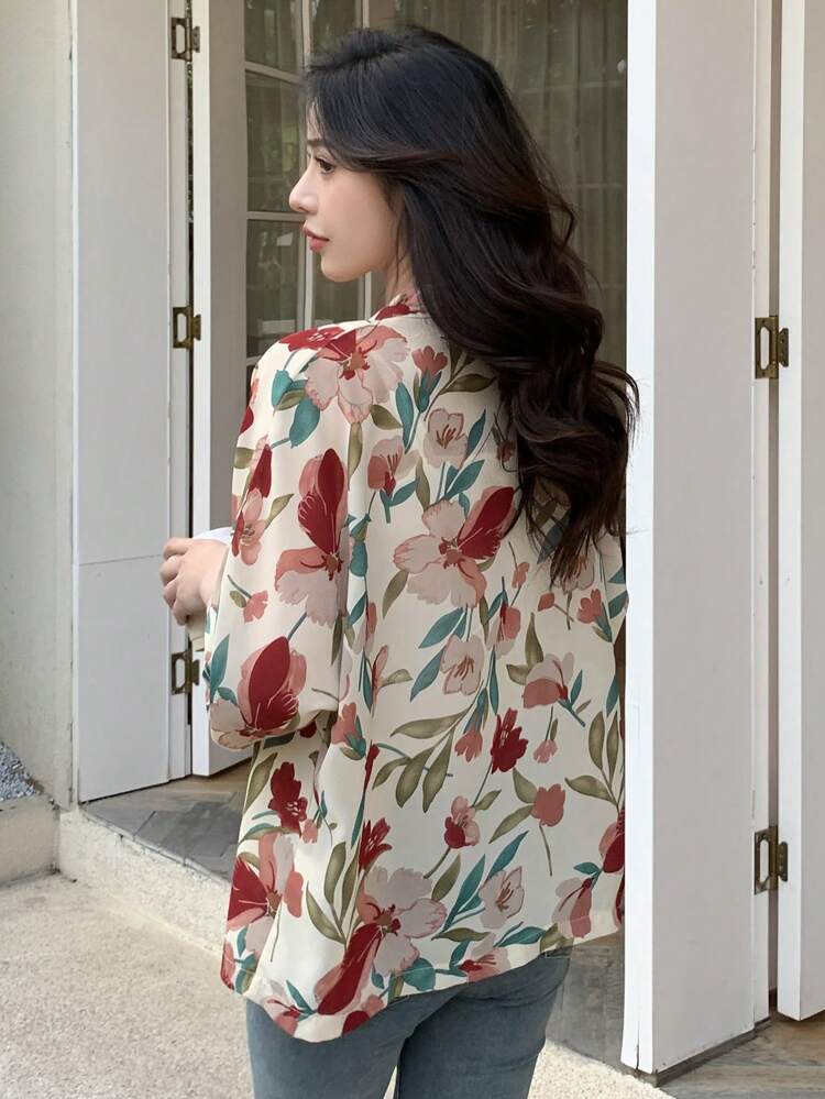 Floral Print Open Front Blouse Vacation Boho