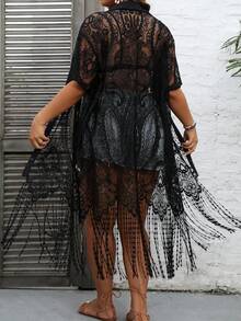 SHEIN Holidaya Plus Fringe Hem Lace Shirt Without Bra - Black - View 2