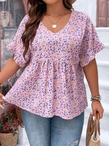 SHEIN LUNE 大碼碎花荷葉袖荷葉邊下擺襯衫 - 淺粉色 - 查看 1