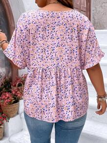 SHEIN LUNE 大碼碎花荷葉袖荷葉邊下擺襯衫 - 淺粉色 - 查看 2