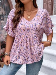 SHEIN LUNE 大碼碎花荷葉袖荷葉邊下擺襯衫 - 淺粉色 - 查看 4