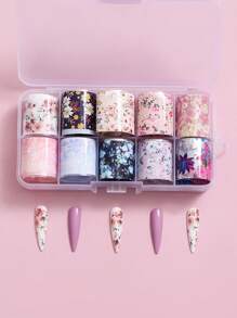 使用全覆盖美甲转印箔 10 件装改变您的指甲形状 适合女性和女孩的花朵图案指甲转印 DIY 指甲饰品 指甲宝石 指甲用品