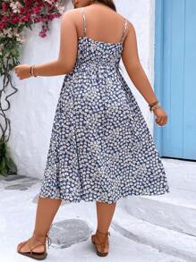 SHEIN Clasi Plus Ditsy Floral Print Button Front Cami Dress Maxi Women Outfit - Blue and White - View 2