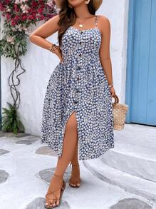 SHEIN Clasi Plus Ditsy Floral Print Button Front Cami Dress Maxi Women Outfit - Blue and White - View 4