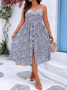 SHEIN Clasi Plus Ditsy Floral Print Button Front Cami Dress Maxi Women Outfit - Blue and White - View 5