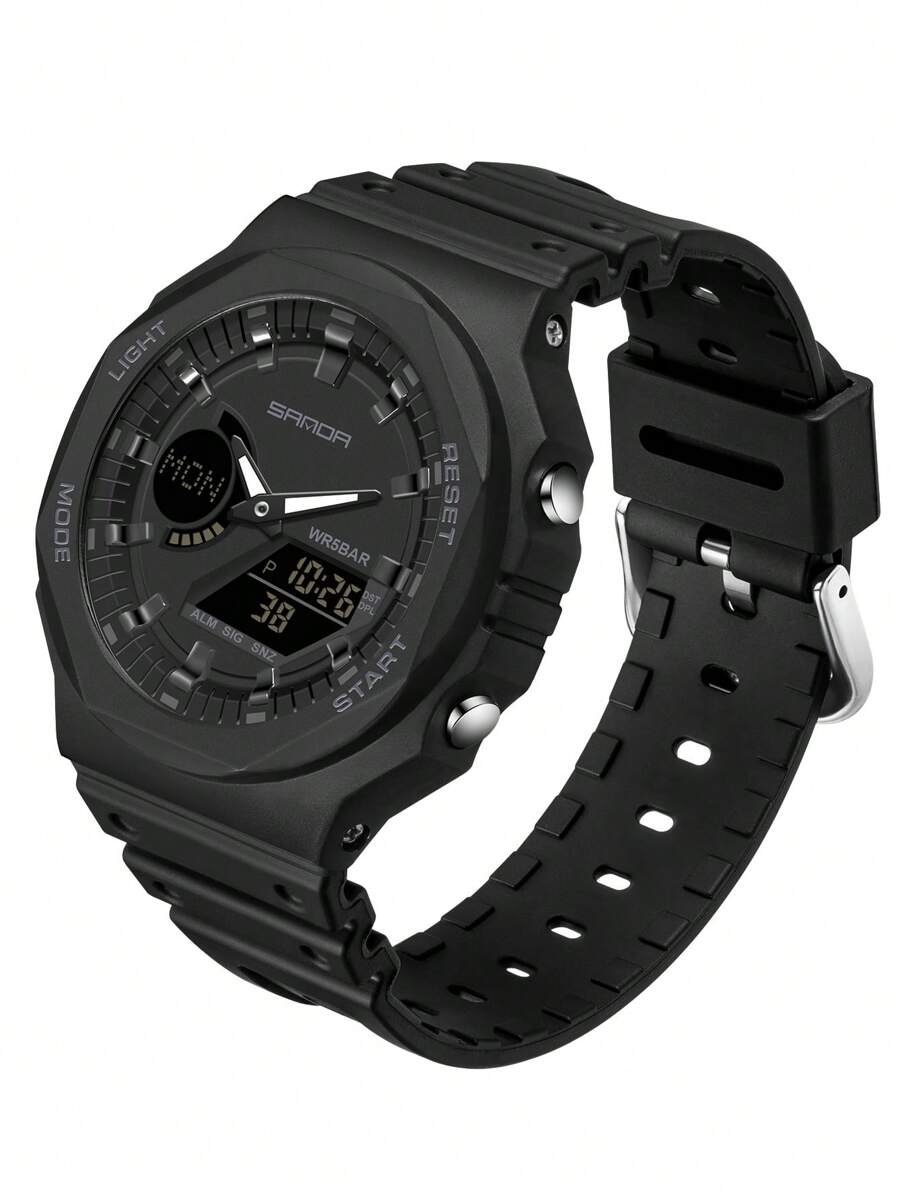 1入黑色TPU錶帶運動計時日曆鬧鐘24小時防水圓錶盤數位錶，適用於日常生活 - 黑色 - 查看 1