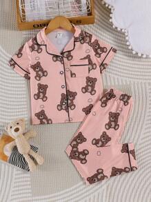 Toddler Girls Bear Print Contrast Piping PJ Set - Pink - View 1