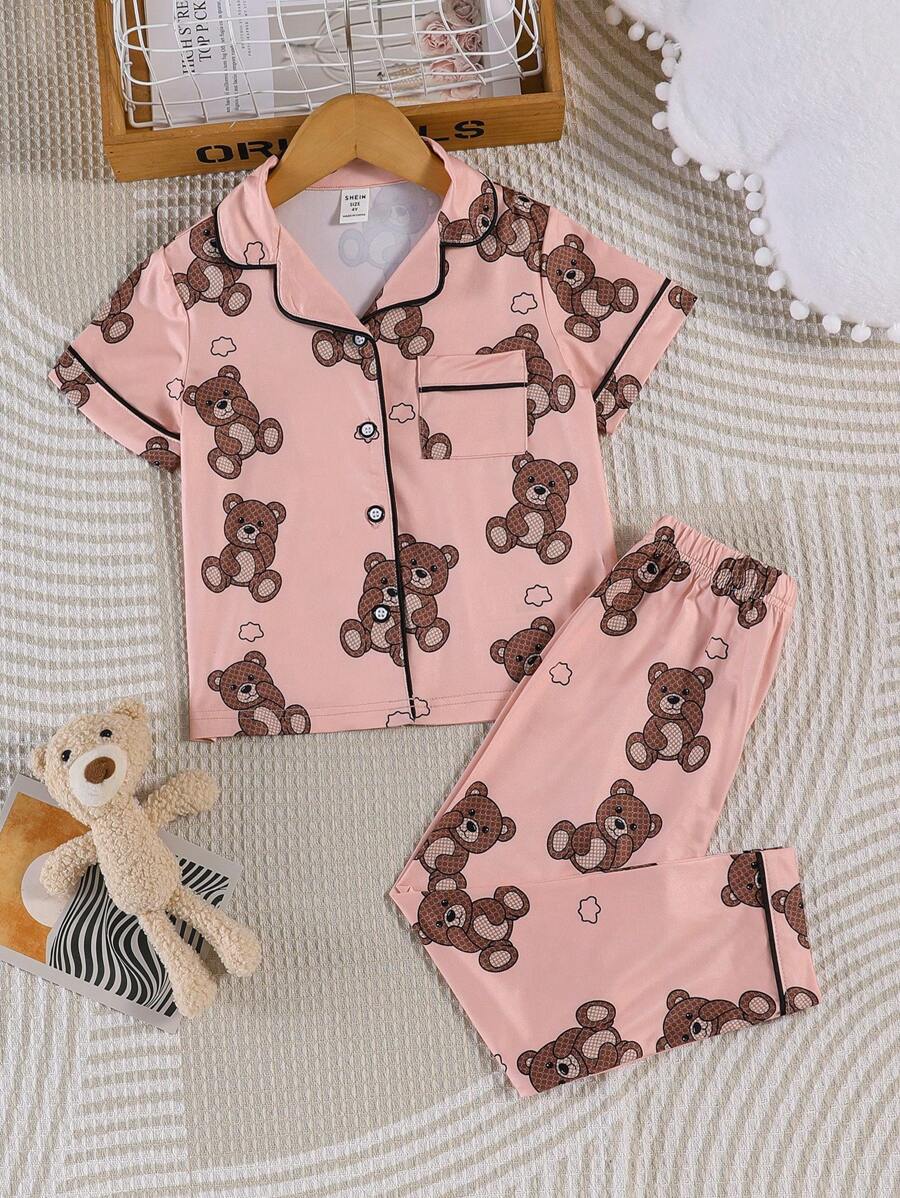 Toddler Girls Bear Print Contrast Piping PJ Set - Pink - View 1