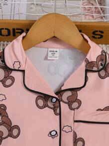 Toddler Girls Bear Print Contrast Piping PJ Set - Pink - View 3