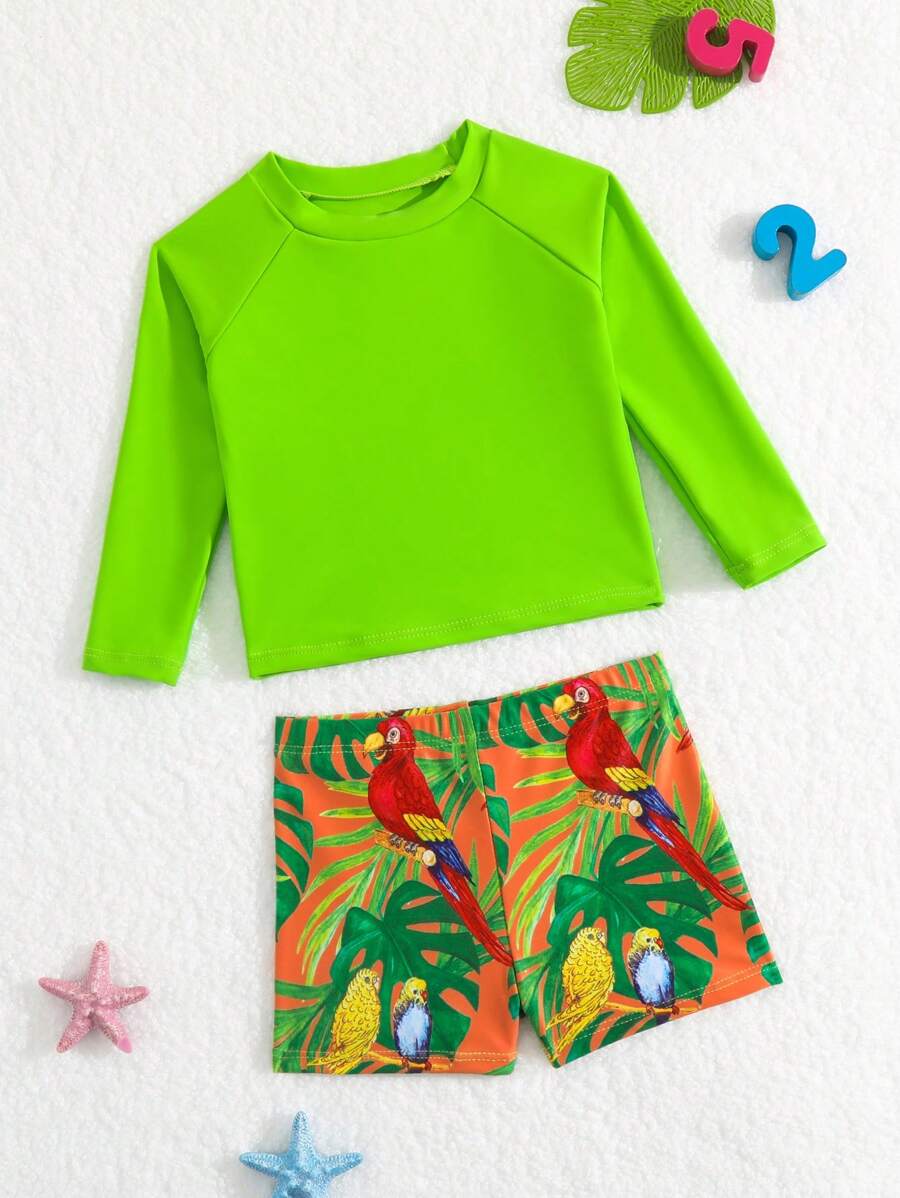 男嬰熱帶圖案插肩袖高領沙灘泳裝 - 綠色 - 查看 1