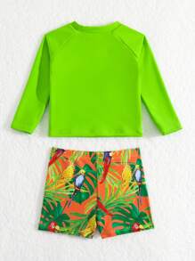 男嬰熱帶圖案插肩袖高領沙灘泳裝 - 綠色 - 查看 2